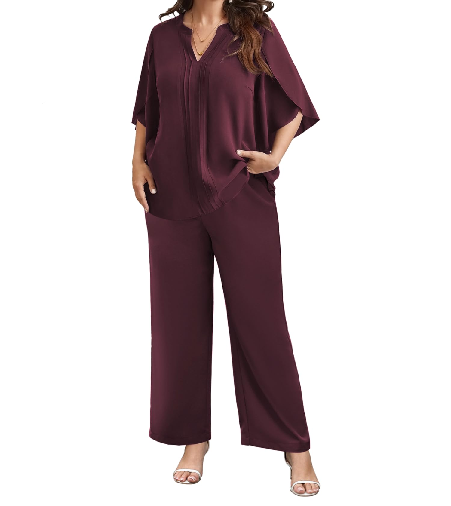 Combinaison 2 pièces en mousseline de soie pour femme - Grandes tailles - Pantalon festif et élégant | Col en V, manches chauve-souris, plis décoratifs, mousseline aérée, jambes larges, taille élastique, poches pratiques