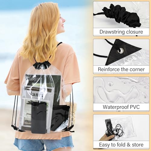 2 Pcs Drawstring Backpacks, 13 x 16 in See Through PVC Waterproof Drawstring Bags, Lightweight Clear Backpack for Gym Sports (2, Black)3