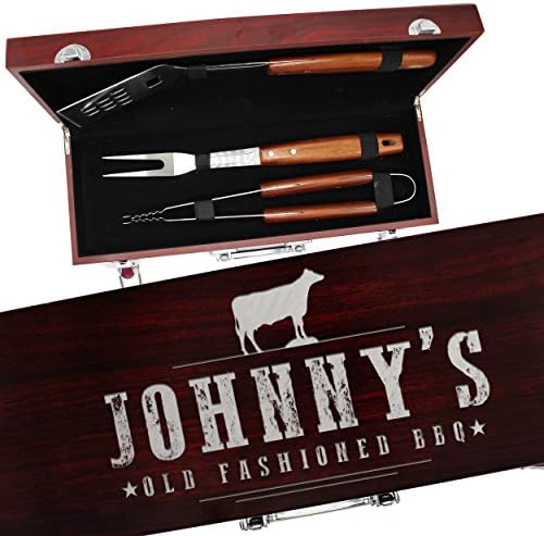 Engraved Grill BBQ Gifts Set for Dad Father Him - Custom Barbecue Personalized Grilling Set with Tools (Silver Engraving)
