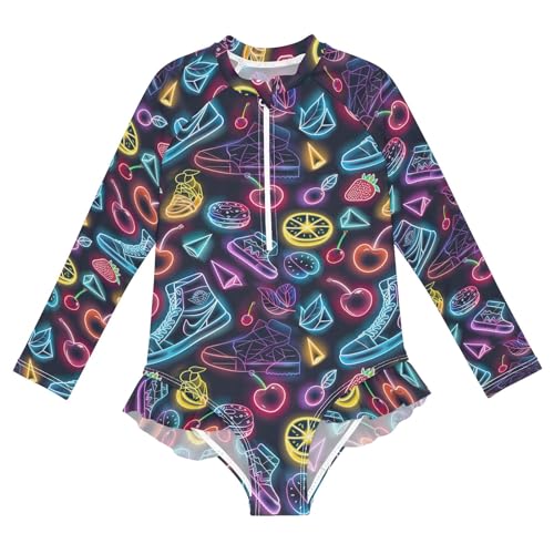 CHIFIGNO Neon Fruits and Shoes One Piece Girls Swimsuit Rashguard UPF 50+ Long Sleeve Ruffles Swimwear Sport Bathing Suit, Size 7-8