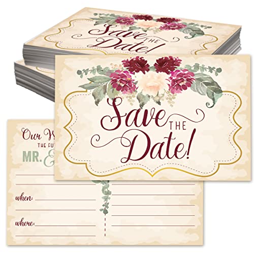 Wedding Save The Date Postcards Burgundy Roses - Set of 50 - Blank Wedding Stationery - Beautiful and Minimalist Wedding Planning Supplies for Under $15!