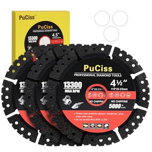 PuCiss 4-1/2 Inch Diamond Multi Purpose Saw Blade for Angle Grinder, 7/8' Arbor Indestructible Cut Off Wheels, All-in-One Wheel for Tile, Granite, Marble, Concrete, PVC & Thin Metal - 3 Pack