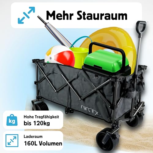 Bollerwagen faltbar XXL Handwagen IM-4211 160L | Tragkraft 120KG | Faltbarer Bollerwagen breite Reifen fürs Gelände, ideal als Strandwagen, Gartenwagen für Festival, Camping und Outdoor (Grau) – Bild 6