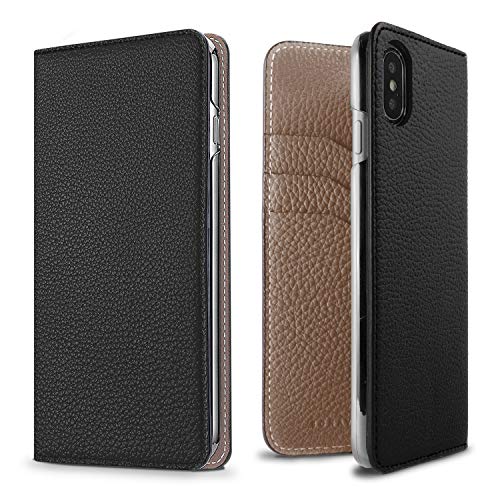 BONAVENTURA Diary Leather Wallet iPhone Case [Compatible with iPhone XR, Black & Etoupe]