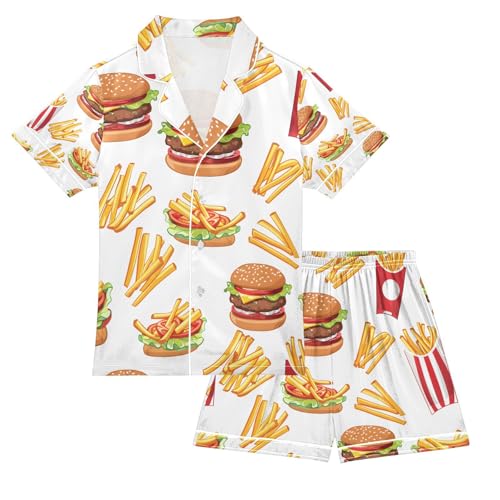 French Fries and Hamburger Satin Summer Pajama Sets Silk Short Sleeve Button Down Sleepwear