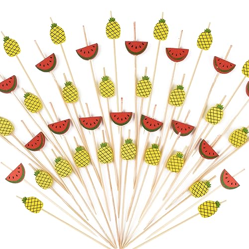Redvigh Cocktail Picks Tooth Appetizer Food Appetizers 200PCS, Fruits Watermelon Pineapple Cocktail Toothpicks 4.7Inch Tropical Bamboo Skewers for Home Club Party Birthday Supplies