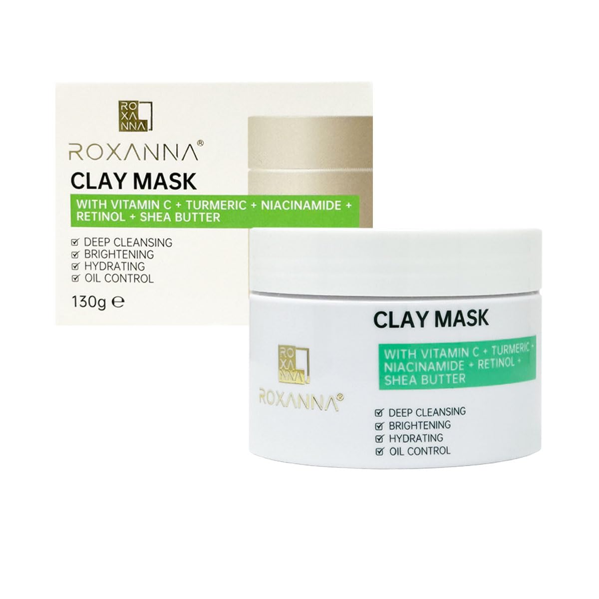 Roxanna Clay Face Mask 130g, Kaolin Clay Deep Pore Cleansing Mask with Turmeric, Vitamin C & Niacinamide, Brightening