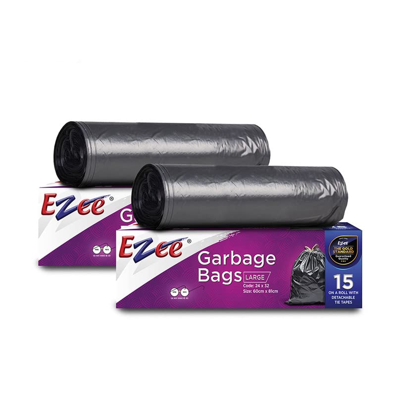 Ezee Black Garbage Bags for Dustbin | 30 Pcs | Large 24 X 32 Inches I 15 Pcs x Pack of 2
