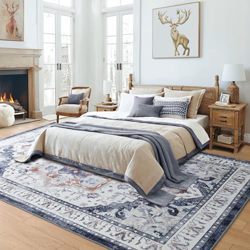 8x10 Machine Washable Vintage Floral Area Rug - Non-Slip Low Pile for Living Room, Bedroom, Dining Room, Home Office (Blue)