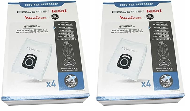 Rowenta Staubsaugerbeutel Hygiene +, automatisches Verschlusssystem, hygienisch, kein Staub-Kontakt, filtert 99,9% der Mikropartikel, 19,5 x 27,5 cm, 4 Stück, weiß, ZR200520 (Packung mit 2)