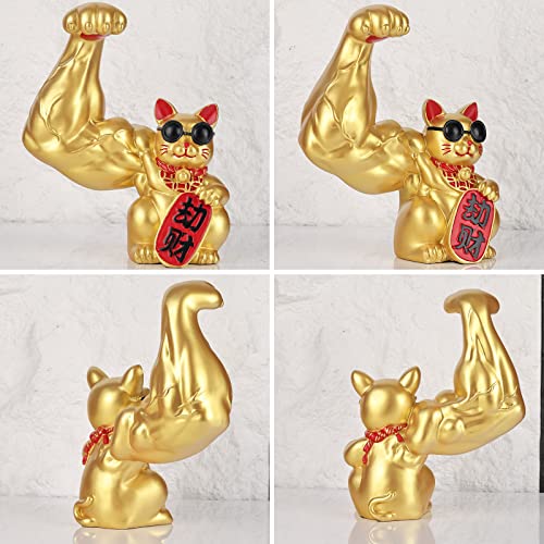 Estatua Gato de la Suerte Grande con Brazo Musculoso Dorado miniatura 5