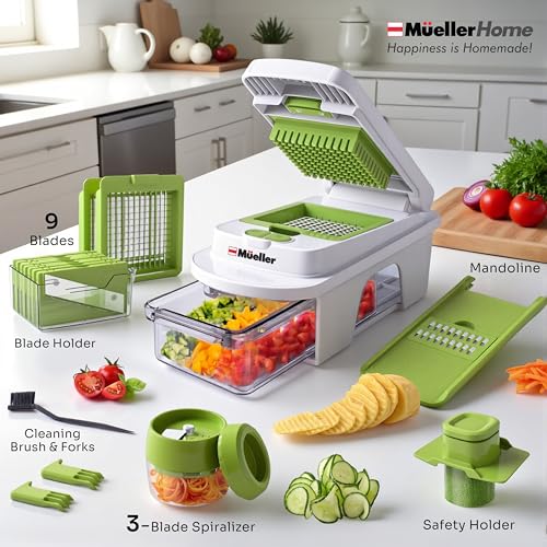 Image of MUELLER HOME Pro-Series All-in-One, 12 Blade Mandoline Slicer for Kitchen, Food Chopper, Cucumber Slicer and Spiralizer, Cutter, Dicer, Grater, Gifts for Mom, Kitchen Essentials, White Sand /Green