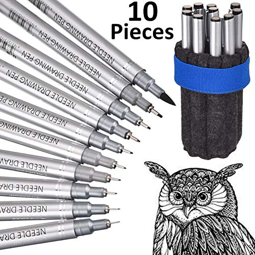 Hestya 10 Pack Fineliner Ink Pens Black Micro-Pen Brush with Pen Organizer for Artist Illustration, Office Documents, Scrapbook, Technical Drawing