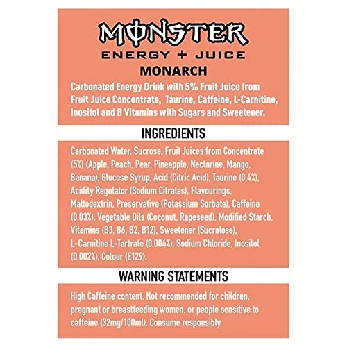 Image of Monster Juiced Monarch Energy Drink, Energy Plus Juice Formula, 500 ml Can, Pack of 3 (Product Of USA) From DECADENT FOODS