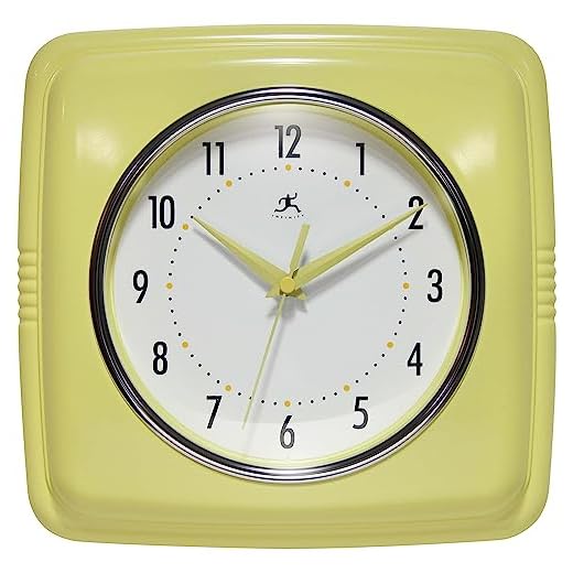 Infinity Instruments Retro Wall Clock – 9-Inch Square, Silent & Non-Ticking – Mid-Century Modern Vintage Design – Decorative Wall Clock for Kitchen, Office, or Diner – Yellow