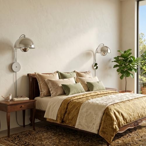 Image of COSYLUX Mid-Century Modern Bud Plug in Wall Sconces, Chrome | Indirect lighting reading wall lamp, all-metal construction, plug-in or hardwired install, fits bedroom bedside, living room