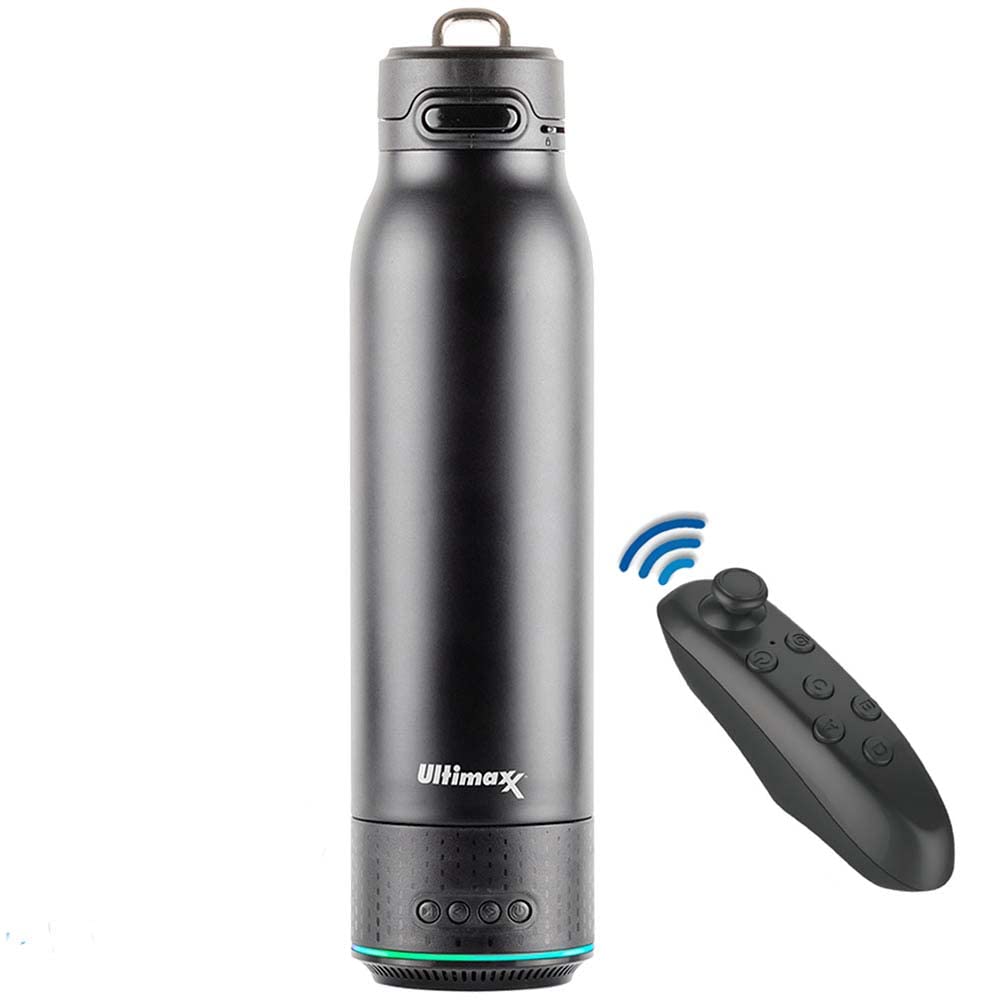Vacuum Insulated Premium Water Bottle with Rechargeable Bluetooth Speaker and Xtreme Mini Bluetooth Remote. Remote Doubles as Gaming Joystick/Mouse for Smartphone Apps. (Black)