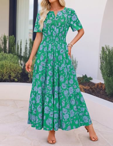Image of ZESICA Women's 2026 Summer Spring Floral Boho Maxi Dresses Casual Short Sleeve V Neck A Line Flowy Beach Vacation Dress