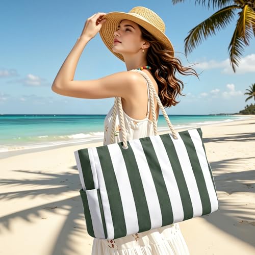 Image of Becokan Women's Pool Swim Bag - Waterproof Sandproof Large Stripe Beach Tote with Zipper
