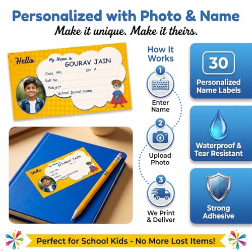 Image of Personalized Name Labels for Kids | Custom Photo Name Stickers for School Books, Notebooks | Waterproof Self Adhesive Book Labels (30 Pcs) | Name, Class, Div, School | 3.5 x 2 Inch (BDS-2)
