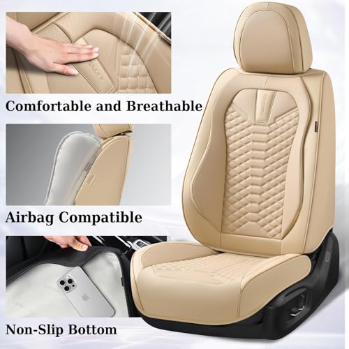 Image of Coverado Car Seat Covers Full Set, Waterproof Nappa Leather Seat Covers for Cars, Universal 5 Seats Car Seat Covers, Front and Back Car Seat Protector, Auto Seat Covers Fit for Most Cars, Beige