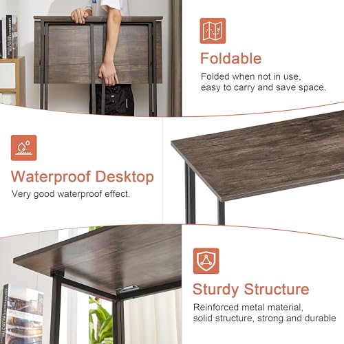Image of VECELO Folding Desk 31.5 Inch Writing Desk Home Office Sturdy Steel Laptop Table for Home Office Work Classic Brown
