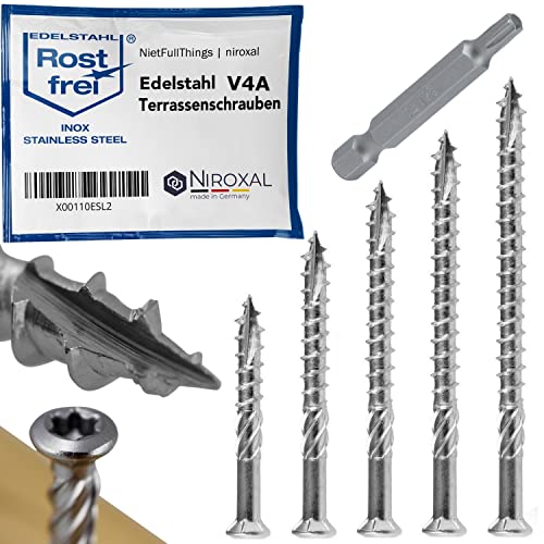 Tornillos para terraza 5 x 40 de acero inoxidable A4 con cabeza lenticular muesca de corte y aletas peladoras para madera, 250 unidades, tornillos Torx 40 mm de largo + 1 punta Torx Cover
