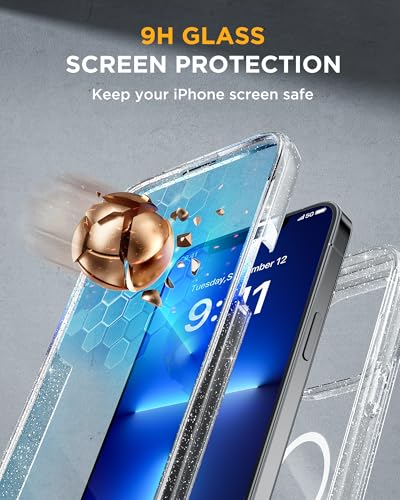 Image of Miracase Magnetic for iPhone 13 Pro Max Case 6.7 inch, (Compatible with MagSafe) Upgrade Full-Body Clear Phone Bumper Case with Built-in 9H Tempered Glass Screen Protector, Magnetic Glitter Clear