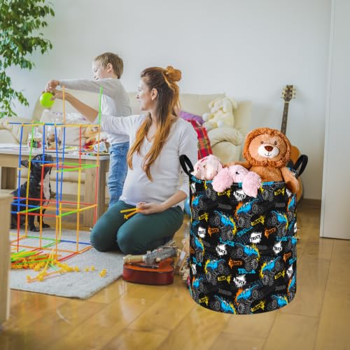 Image of Boys Storage Basket Kids Hamper, 15.7 inchD x19.7 inchH, Monster Truck Print Waterproof Lining, Leather Handles, Collapsible for Boys Toys, Laundry, Kids Gift