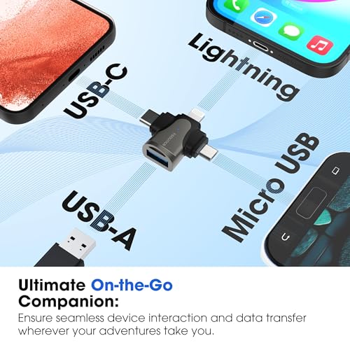 Image of Sounce 4-in-1 OTG Adapter Converter - Multi-Port OTG Hub with Lightning, Type-C, Micro USB & USB 3.0 for iOS, Android, Tablets & More - Fast Data Transfer & Universal Compatibility (Black)