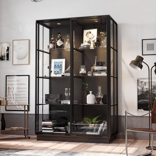 JOIKUJIA Large Display Cabinet with Glass Shelving & Sliding Doors, Trophy Case Glass Cabinet with Spotlights Black 48.1”W x 23.6”D x 74.8”H