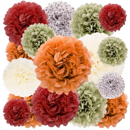 Image of BestoFun 16 PCS Fall Party Decorations Pumpkin Orange Sage Green Tissue Pom Poms Paper Flower Dots for Wedding Decorations Thanksgiving, Baby Shower, Autumn Harvest Party Supplies