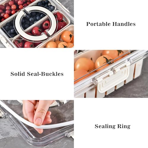 Image of Divided Veggie Tray Fridge Storage Box With Lid And Handle, 4 Compartments Fridge Organizer Divider Draining Crisper Containers For Fruit, Vegetable, Salad, Airtight Container Box (4 Compartment)