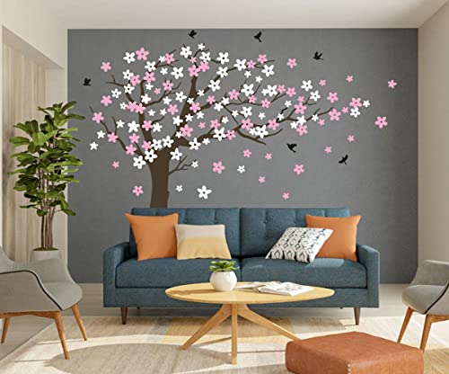 Large Cherry Blossom Tree Blowing In The Wind Tree Wall Decals Wall Sticker Vinyl Wall Art Kids Rooms Teen Girls Boys Wallpaper Wall Stickers Room Decor (Dark Brown Tree,White And Pink Flower) #TOP2