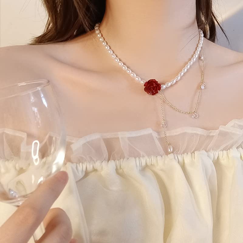 Red Rose Flower Choker Layered Rhinestone Faux Pearl Chain Women Y2K Wedding Necklace4