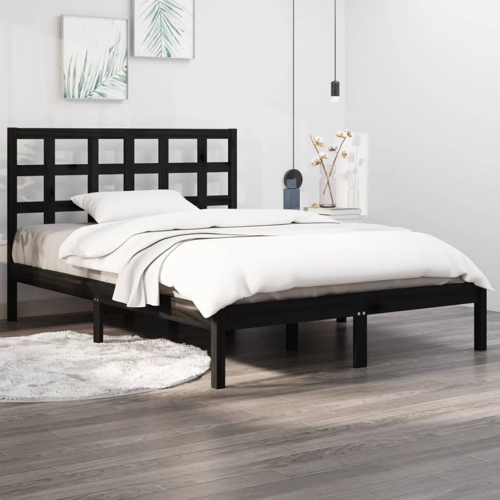 Lite drewno sosnowe Klasyczna rama łóżka 140x190 cm Czarny | Rama łóżka 140x190 cm lite drewno sosnowe czarna z zagłówkiem do sypialni