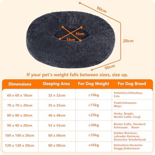 HMTOPE Orthopädisches Hundebett rund Hundekissen Hundesofa Katzenbett Donut Kuscheliges Hundekorb Waschbar, 90 cm Ø, Dunkelgrau