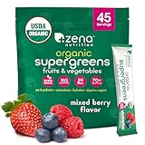 Zena Nutrition Organic Super Greens Powder, 70+ Superfoods, 0 Sugar, 5G Fiber, Spirulina, Chlorella, Antioxidants, Prebiotics/Probiotics, Digestive Enzymes, Mixed Berry, 45 Drink Mix Packets