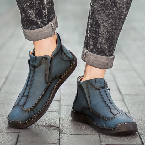 Men's Casual Leather Loafers Fashion Comfortable Chelsea Boots Hand Stitched Slip On Mid-top Shoes Blue (Velvet) 10.52