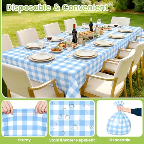 Image of Mulbozy 4 Pcs Light Blue Checkered Tablecloth 54 x108 Inches Rectangle Blue Gingham Tablecloth Disposable Plastic Waterproof Table Cover for Outdoor Picnic, Kitchen, Holiday Birthday Party