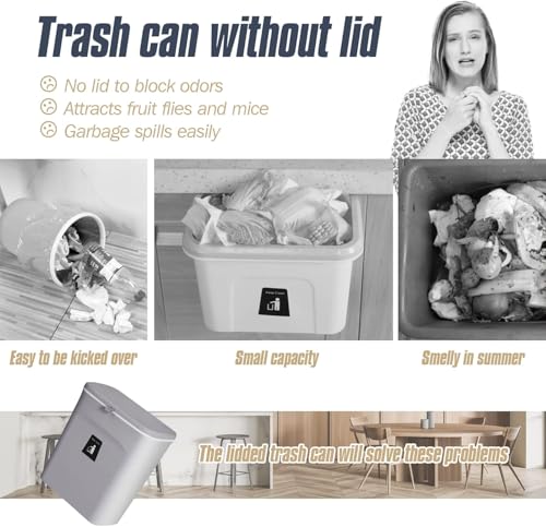 Image of 10 L Kitchen Compost Bin for Counter Top or Under Sink, Hanging Small Trash Can with Lid for Cupboard /Bathroom /Bedroom /Office /Camping, Mountable Indoor Compost Bucket (Grey)