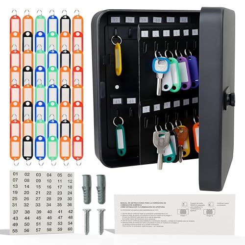 PhineBox Caja Llaves, Armario para 48 Llaves con Cerradura de Combinación, Armario Llaves en Pared, Caja de Acero Laminado Negro, 48 Llaveros Incluidos, Key Box