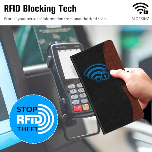 Image of FINTIE Checkbook Cover for Personal Checkbook, RFID Blocking Big Capacity Standard Register Duplicate Checks with Pen Holder, Cards Slots (Black and Brown)