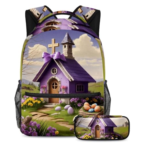 Sac à dos grand format 40cm violet multicolore pour fille et garçon avec trousse