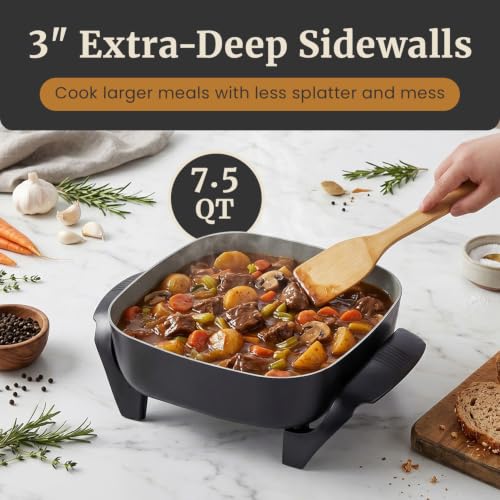 Image of Elite Gourmet PFAS-Free Ceramic Electric Skillet, Extra Deep 12 inchx12 inchx3 inch, Less Splatter, Dishwasher Safe, Rapid Heat, EG2313, 1200W, Black
