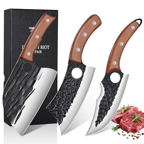 DRAGON RIOT Metzgermesser-Set 3-teilig, Handgeschmiedetes Messerset, Serbisches Kochmesser, Wikinger-Ausbeinmesser, Hackmesser - Profi...