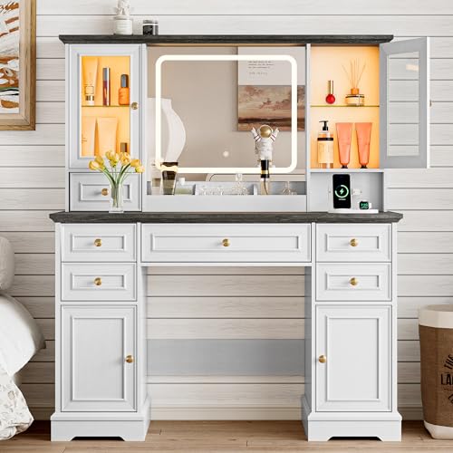 Vanity Desk with HD Lighted Mirror & Power Outlet, Farmhouse Makeup Vanity Table Set with Storage Drawers & RGB Cabinets, Large Dressing Table with 3 Lighting Modes for Women Girls Kids Bedroom, White