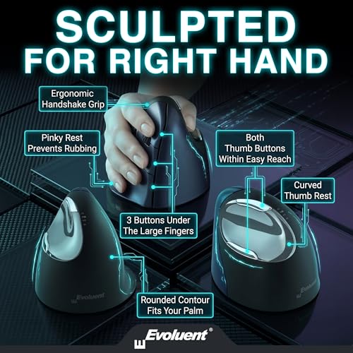 Image of Evoluent - Inventor of the Vertical Mouse - VM4RW Ergonomic Vertical Mouse Right Hand Regular Size Wireless USB, Sculpted for Comfort, Reduces Wrist Strain, 4 Speeds, 6 Customizable Buttons in Windows