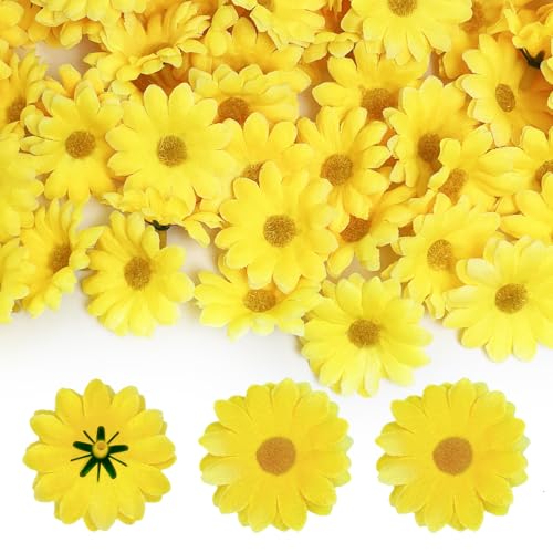 YIAJIA 100Pcs Silk Artificial Gerber Daisy Flowers, Dried Daisies DIY Craft Decoration, Easter Chrysanthemum Flowers for Easter Bonnet Craft Decoration (Yellow)