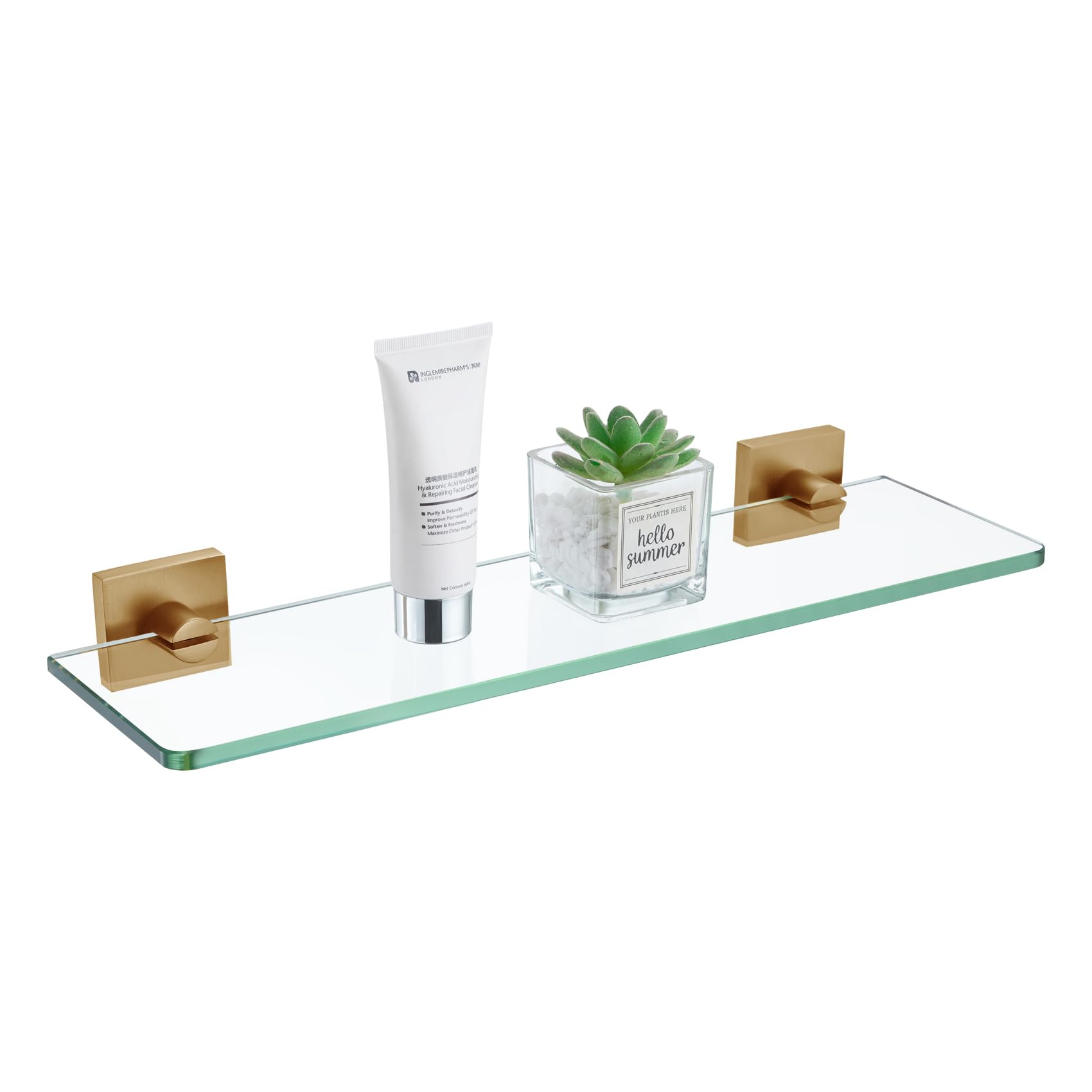 KOKOSIRI Glass Shelf for Bathroom Hardware 16-Inch Floating Wall Shelves for Shower Storage Kitchen Rack, Champagne Bronze Stainless Steel B1107CPG-L16